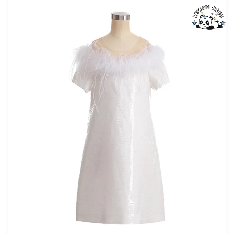 LEZONKIDS - Short Sleeved Sequin Dress feather decoration kids dress off-Shoulder party girls dress